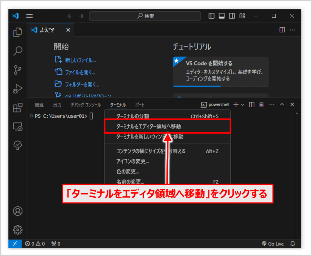 ターミナルを開いた後に「ターミナルをエディタ領域へ移動」をクリックする