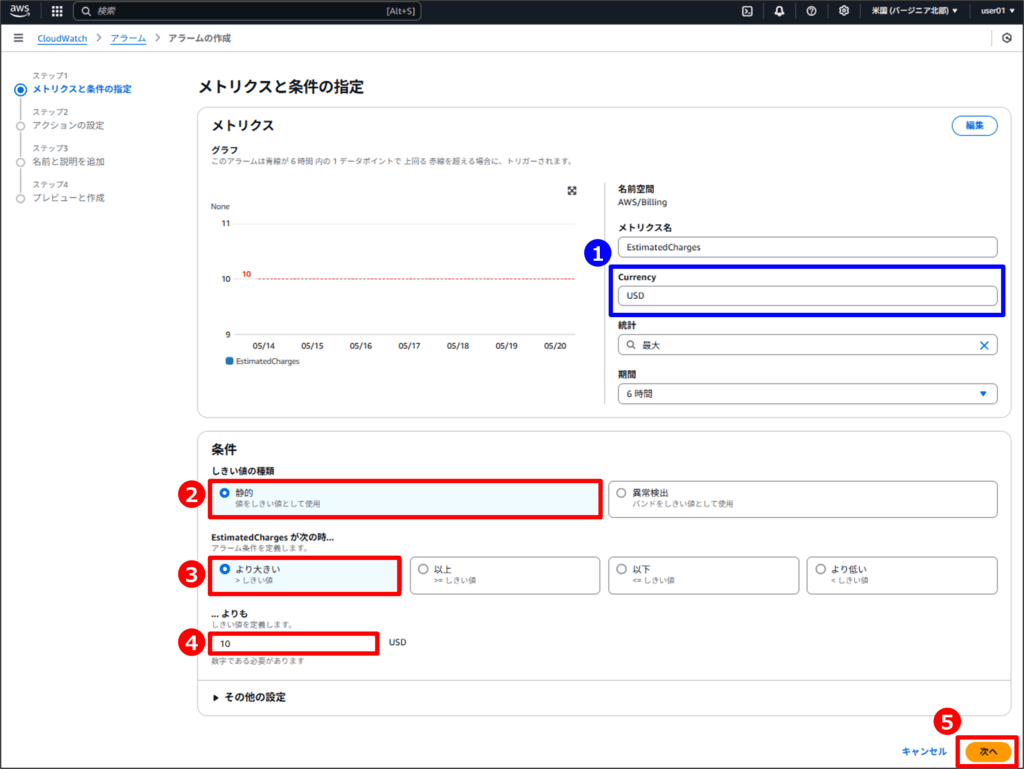請求アラームの設定方法_CloudWatchで請求アラームの作成09