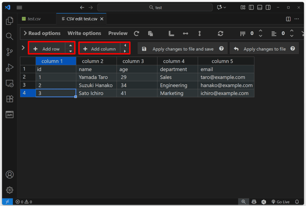 Edit CSVの便利な機能 (Add row ・Add column)