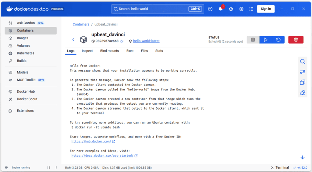 Docker Desktopの動作確認(hello-worldを動かす)03