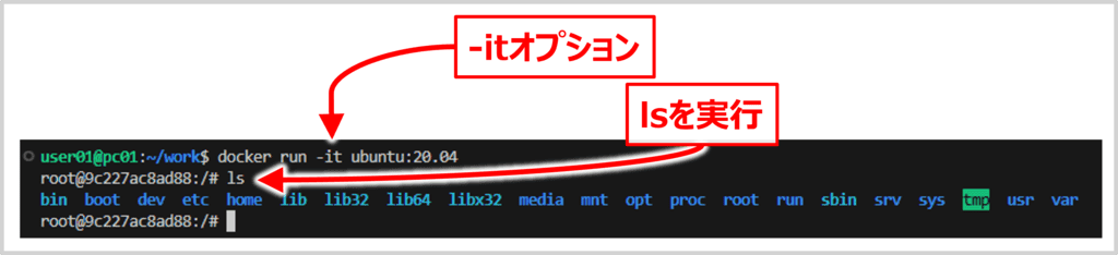 -t（--tty）オプションも付けた場合